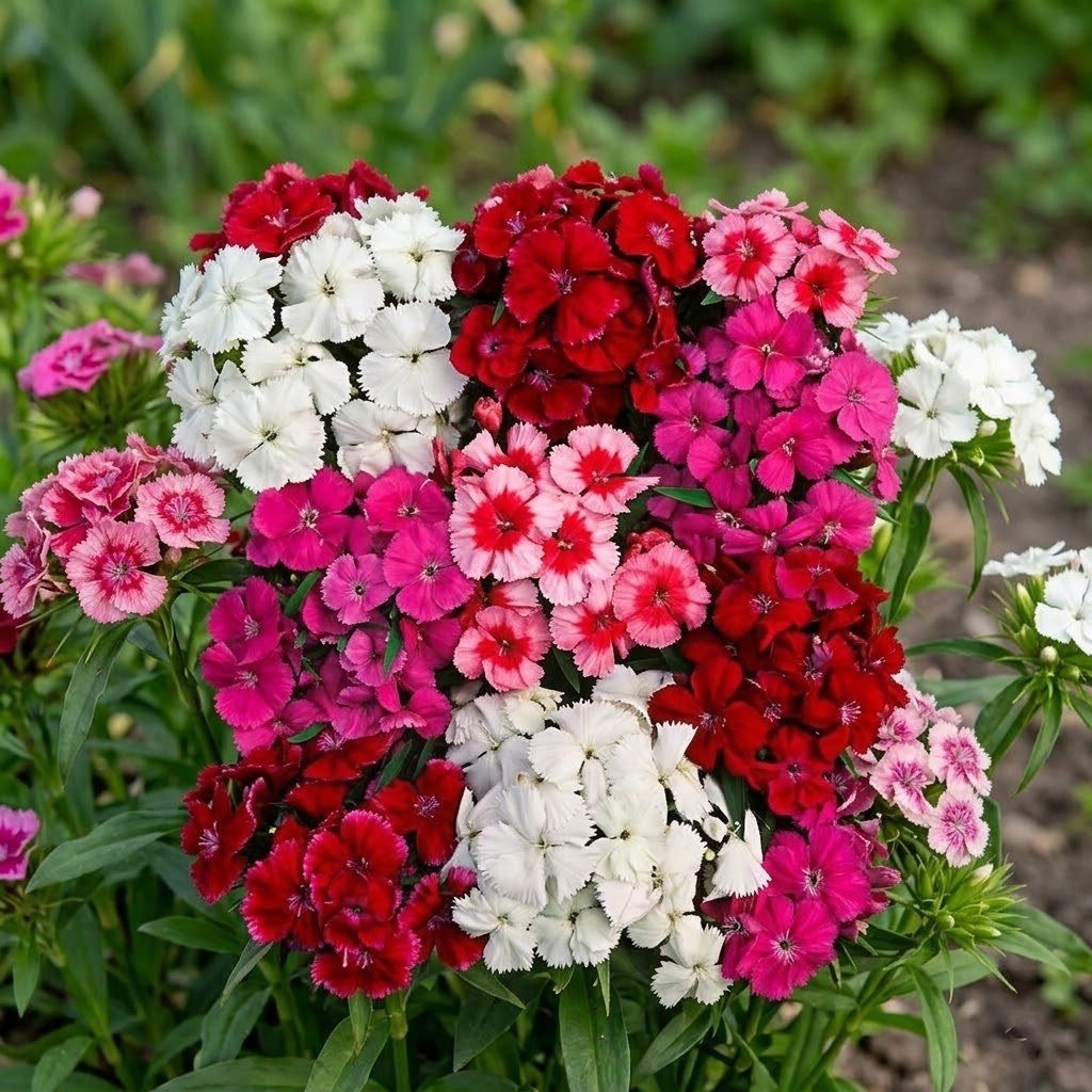 Semillas de Clavel del Poeta Doble Mezcla Fercon: mata de clavel del poeta con flores blancas, rojas y rosadas en el jardín