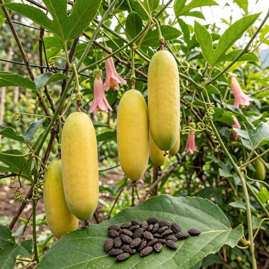 Semillas de Curuba Fercon: frutos alargados amarillos colgando de la enredadera con flores rosadas