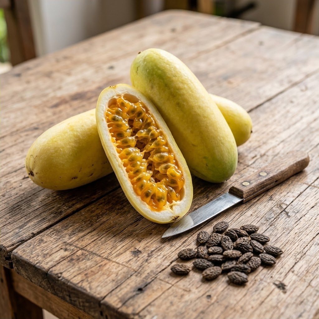 Semillas de Curuba Fercon: frutas alargadas enteras y una abierta con pulpa naranja sobre la mesa