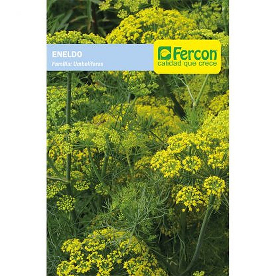 Semillas de Eneldo Fercon: sobre de semillas Fercon visto de frente con eneldo en flor