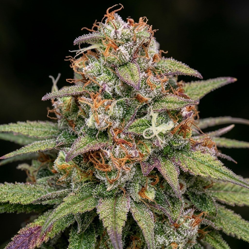 semillas Glueberry O.G.: flor madura de Glueberry O.G. con tricomas, en primer plano