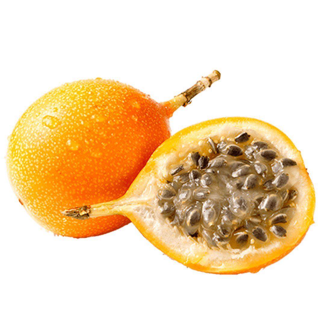 Semillas de Granadilla Fercon: granadilla entera y otra partida con semillas sobre fondo blanco