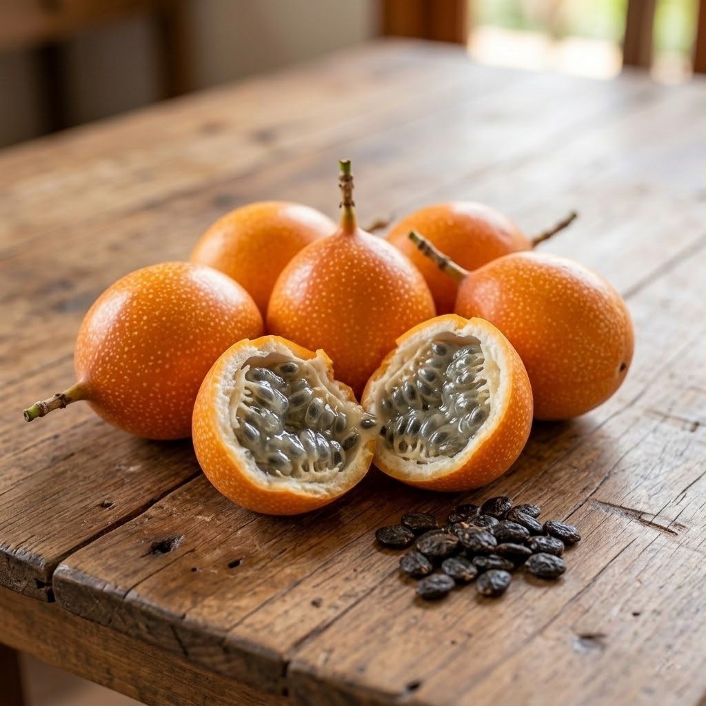 Semillas de Granadilla Fercon: granadillas naranjas enteras y una abierta mostrando sus semillas