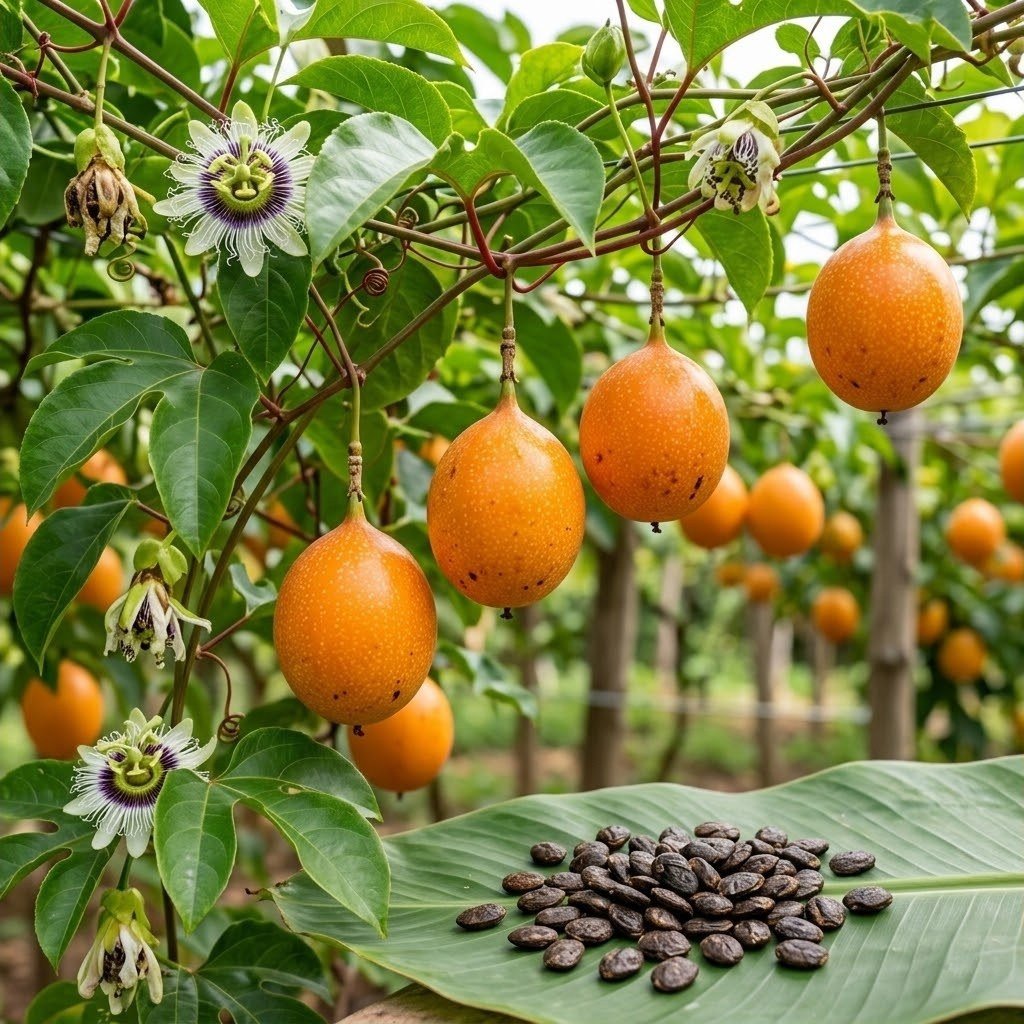 Semillas de Granadilla Fercon: frutos naranjas colgando de la enredadera con flores de pasiflora