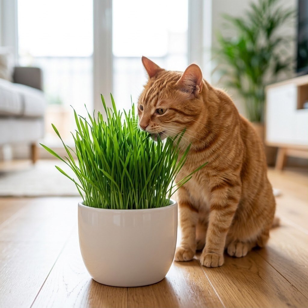 Semillas de Hierba Gatera Fercon: gato naranja mordiendo hierba verde en una matera blanca de cerámica