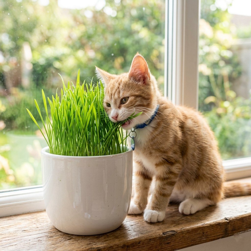 Kit de Hierba para Gatos Fercon: gatito naranja mordisqueando hierba en una matera junto a la ventana