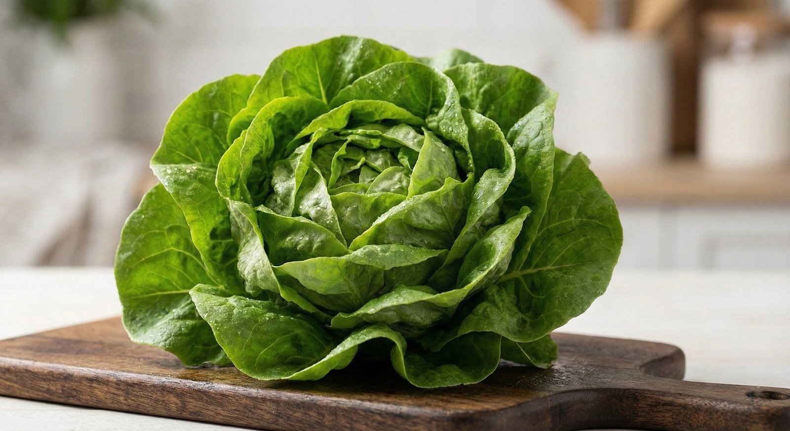 Semillas de Lechuga Black Simpson Fercon: lechuga verde de hojas lisas sobre una tabla de madera
