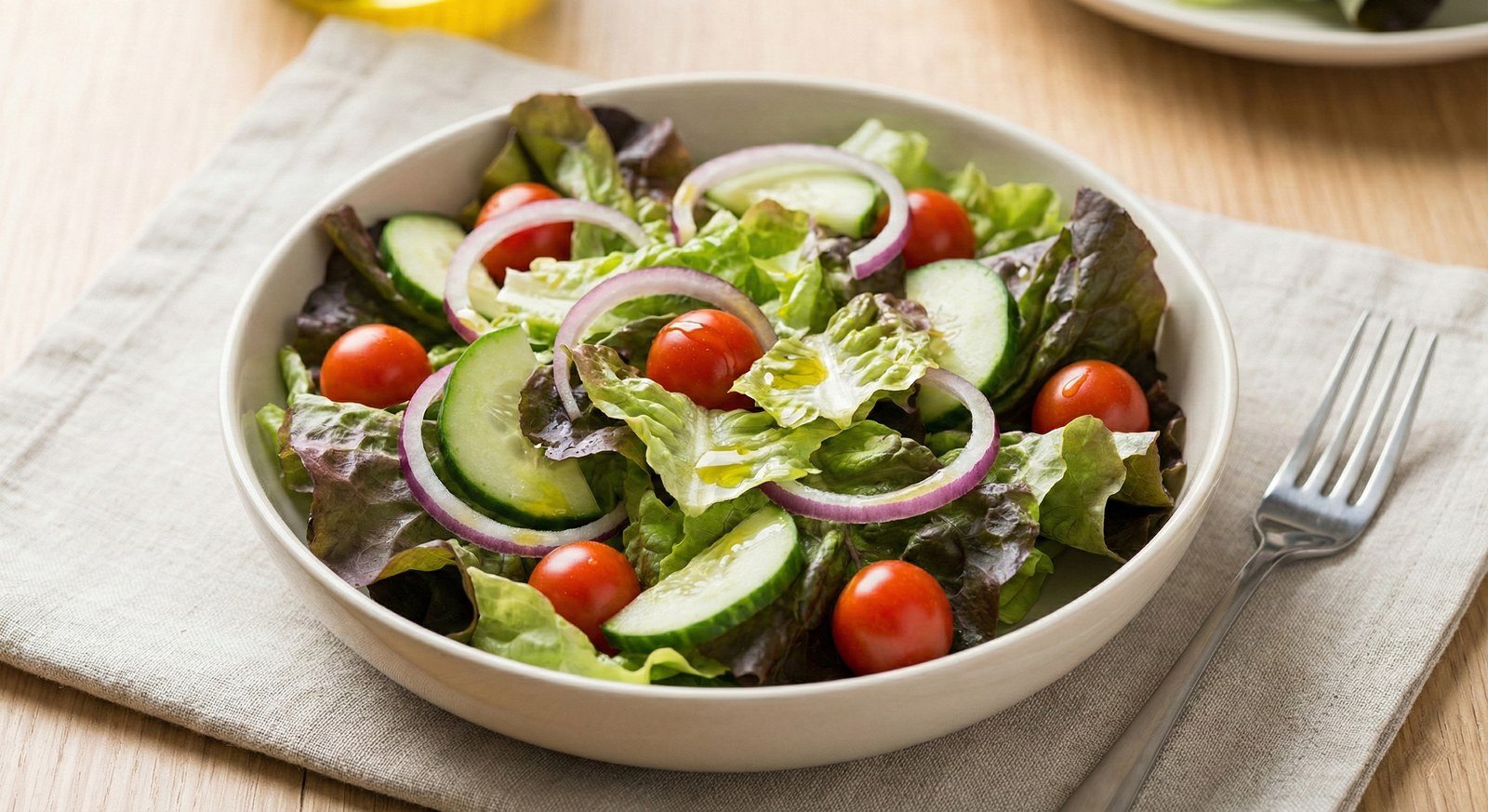 Semillas de Lechuga Black Simpson Fercon: ensalada de lechuga con tomate, pepino y cebolla morada