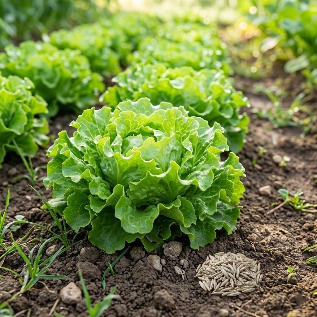 Semillas de Lechuga Cocarda Fercon: hileras de plantas de hojas verdes onduladas en la huerta con semillas