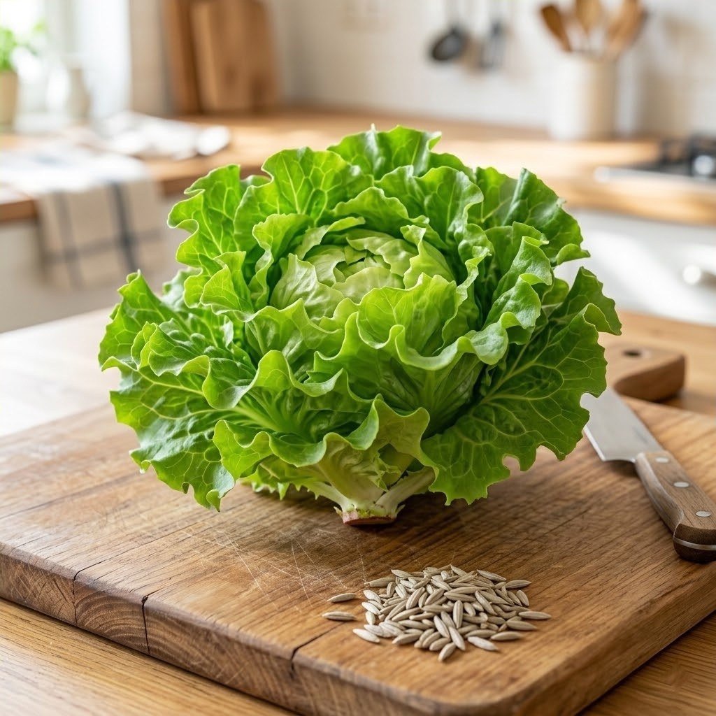 Semillas de Lechuga Cocarda Fercon: cabeza de hojas verdes rizadas sobre tabla de cocina con cuchillo y semillas