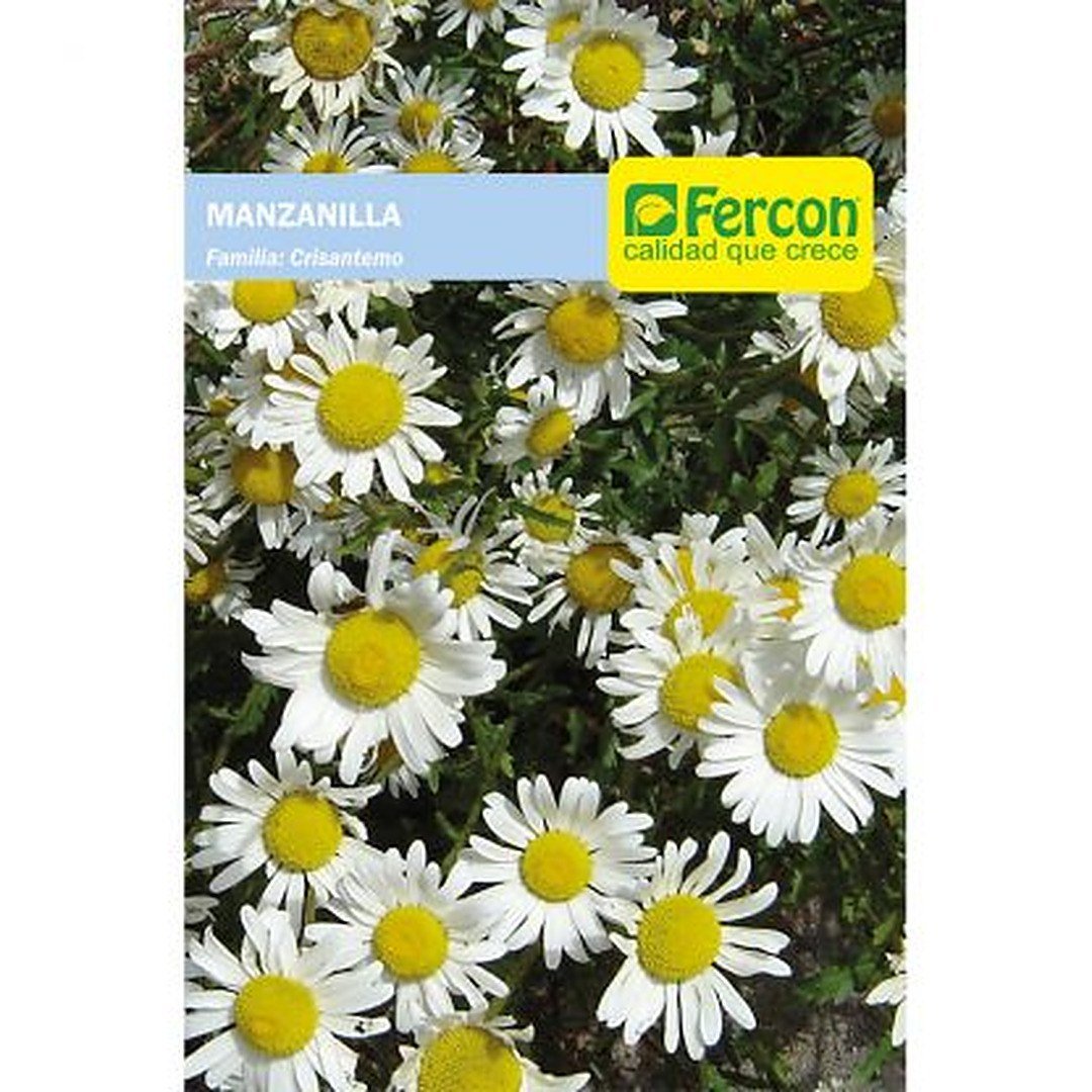 Semillas de Manzanilla Fercon: sobre de semillas Fercon visto de frente con flores de manzanilla