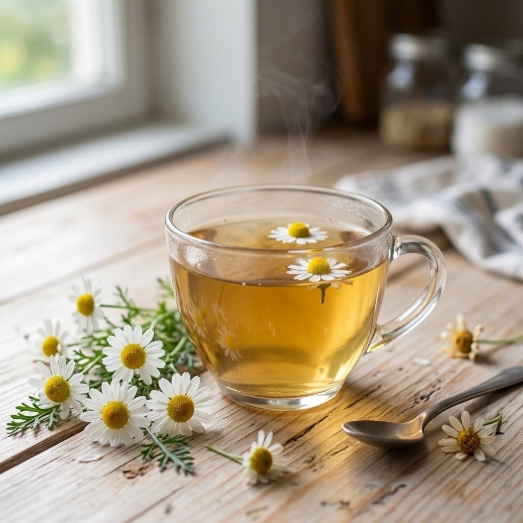 Semillas de Manzanilla Fercon: taza de aromática de manzanilla con flores sobre una mesa de madera