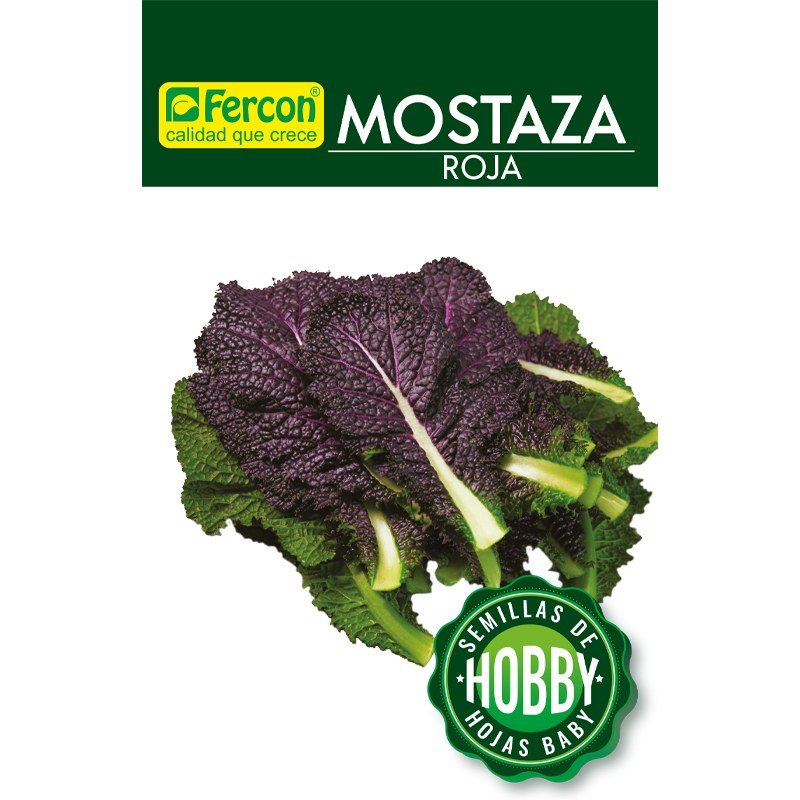 Semillas de Mostaza Roja Fercon: sobre Fercon Hobby de frente con un manojo de mostaza roja