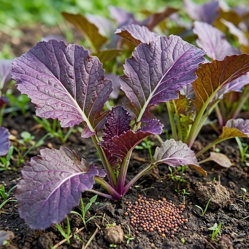 Semillas de Mostaza Roja Fercon: plantas de hojas moradas creciendo en la huerta con semillas sobre la tierra
