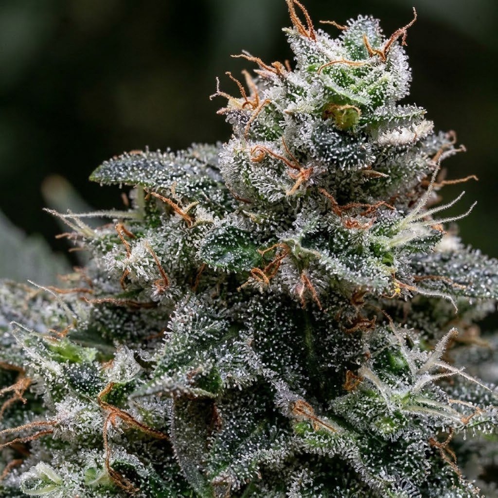 semillas Original White Widow: flor madura de Original White Widow con tricomas, en primer plano