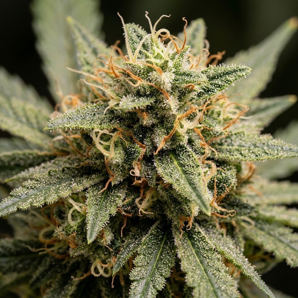 semillas Pamir Gold: flor madura de Pamir Gold con tricomas, en primer plano