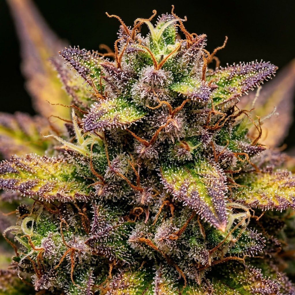 semillas Pineapple Larry Og: flor madura de Pineapple Larry Og con tricomas, en primer plano