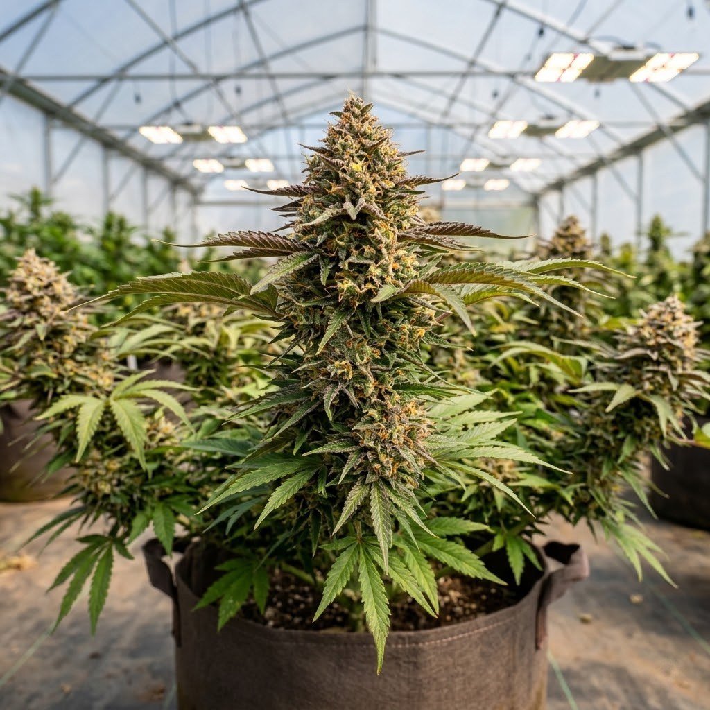 semillas Pineapple Larry Og: planta de Pineapple Larry Og en floración en un cultivo de interior