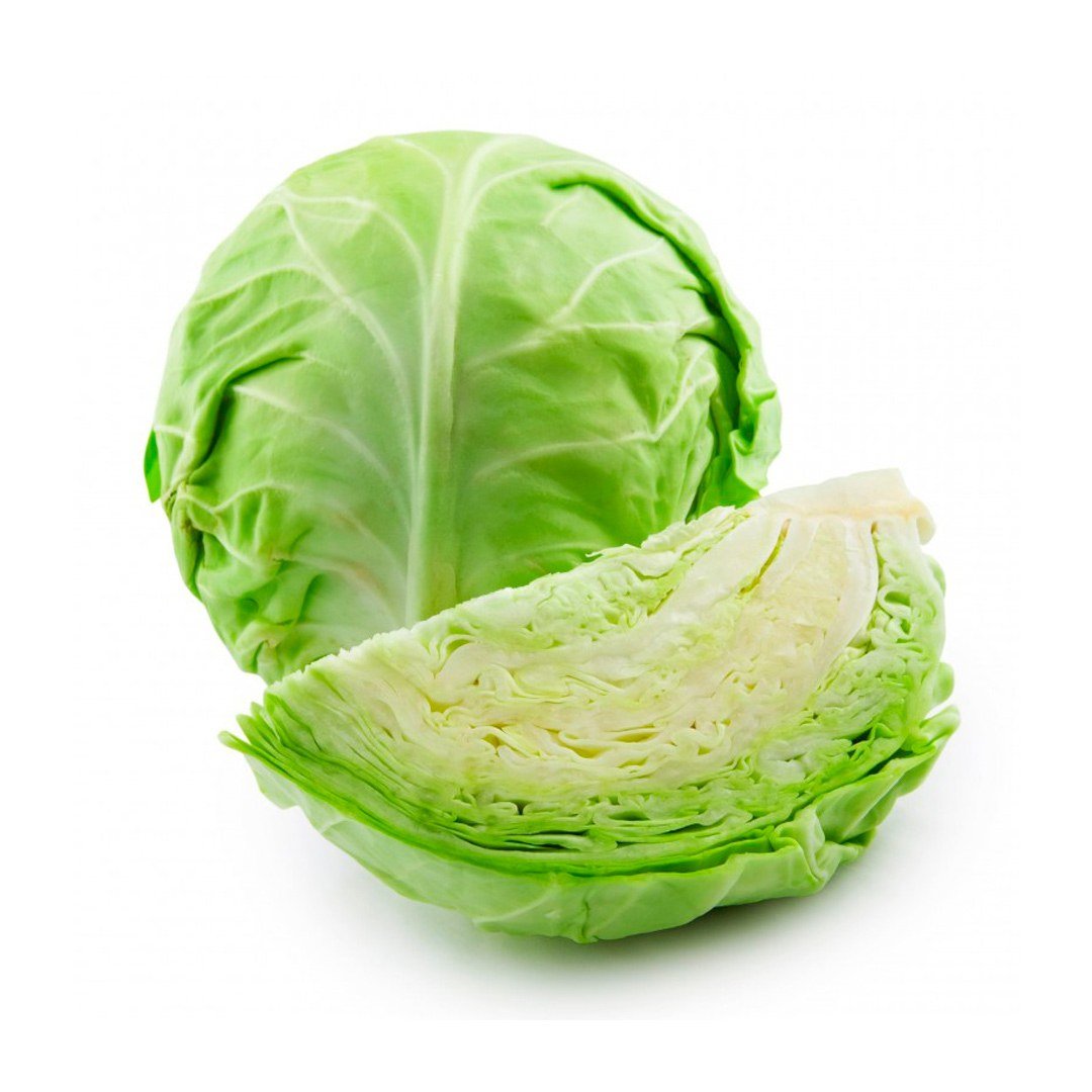 Semillas de Repollo Bola Verde Fercon: repollo verde entero y uno partido sobre fondo blanco