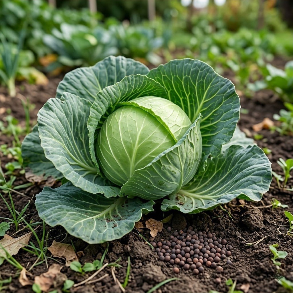 Semillas de Repollo Bola Verde Fercon: cabeza de repollo verde compacta creciendo en la huerta con semillas