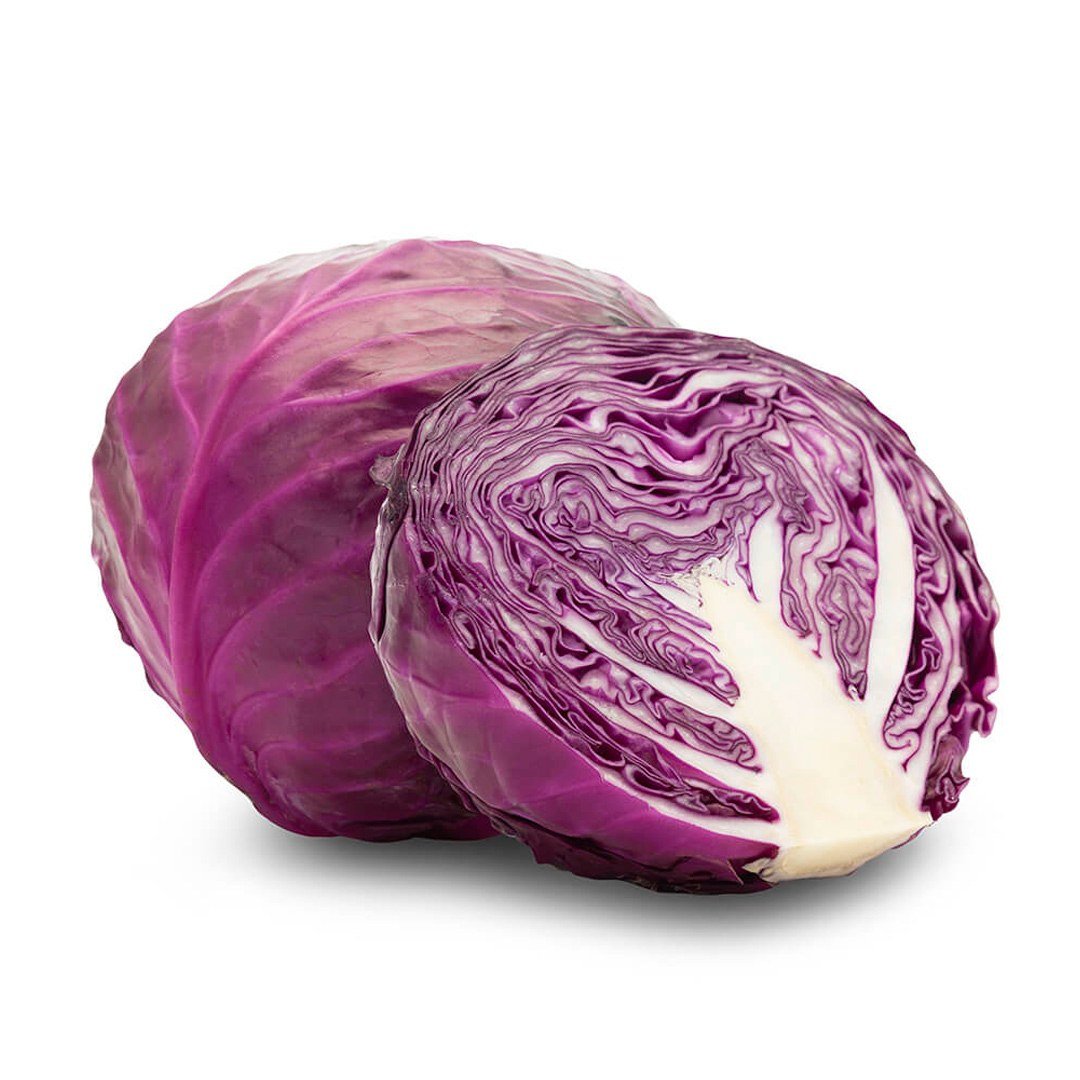 Semillas de Repollo Morado Fercon: repollo morado entero y uno partido sobre fondo blanco