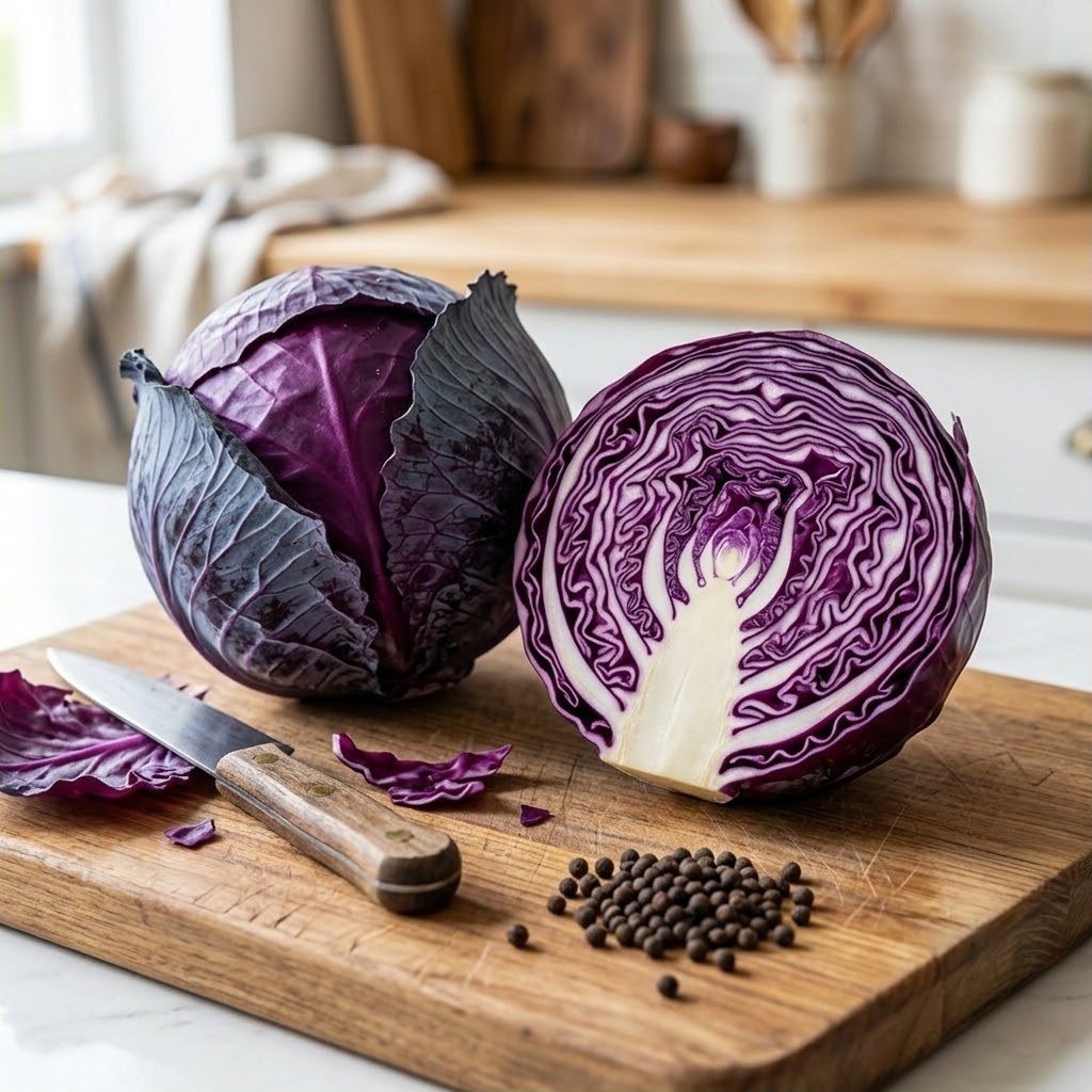 Semillas de Repollo Morado Fercon: repollo morado entero y otro partido por la mitad sobre una tabla