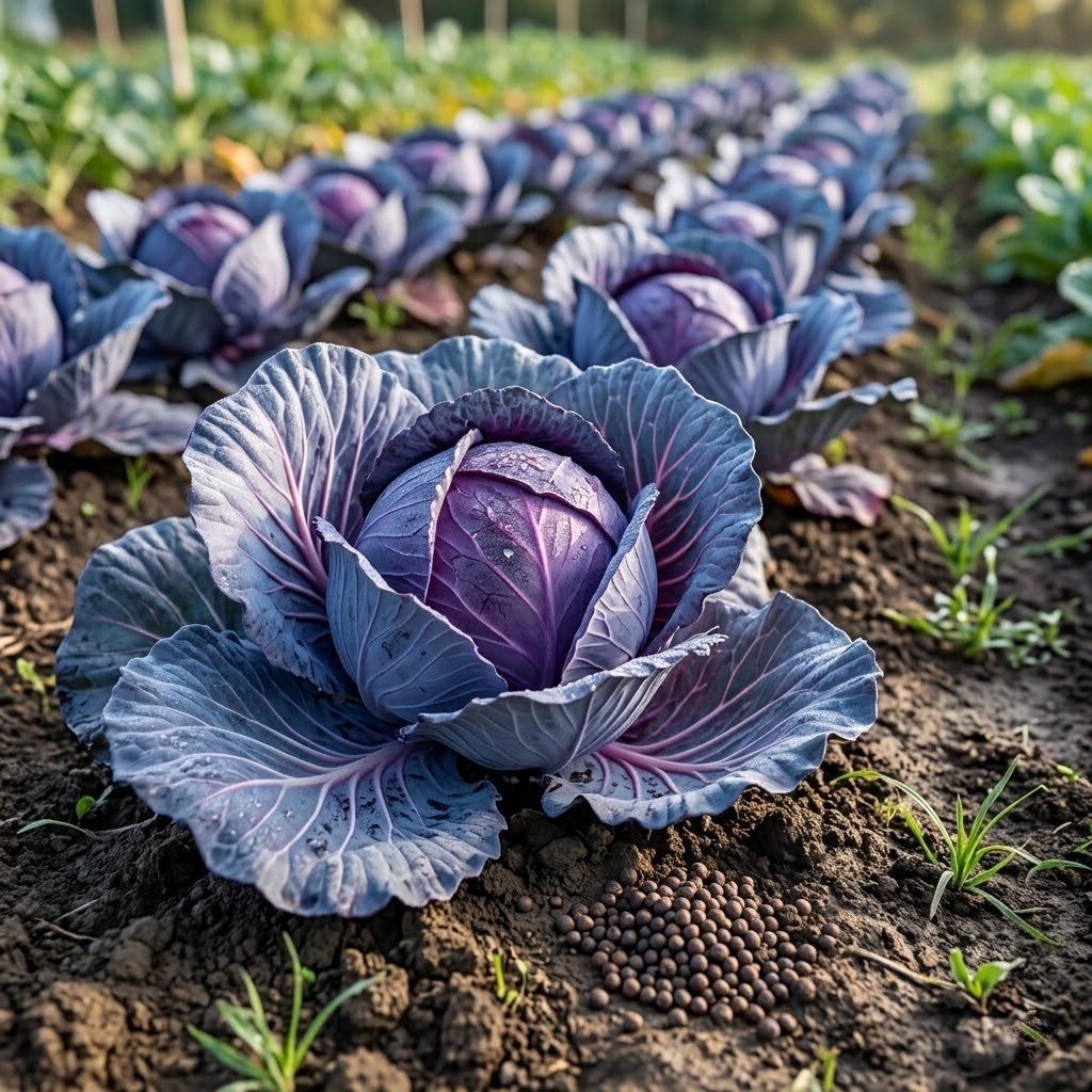 Semillas de Repollo Morado Fercon: hileras de repollos morados creciendo en el campo con semillas en la tierra
