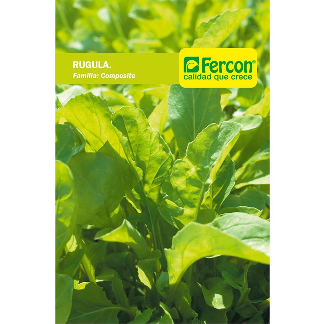 Semillas de Rúgula Fercon: sobre Fercon de frente con matas de rúgula (empaque anterior)