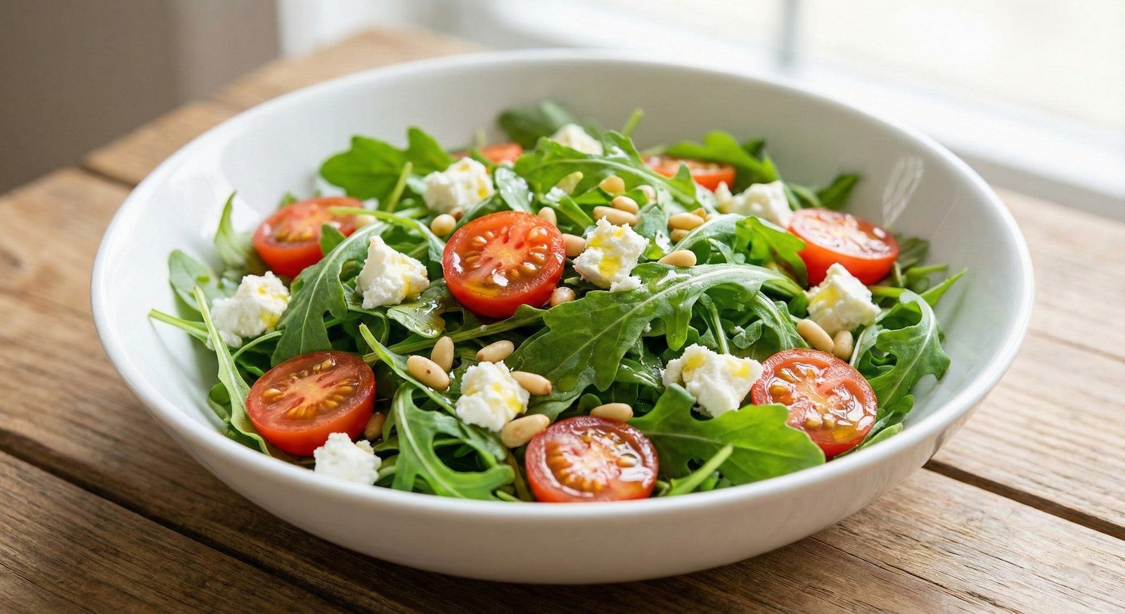 Semillas de Rúgula Fercon: ensalada de rúcula con tomate cherry y queso en un plato hondo