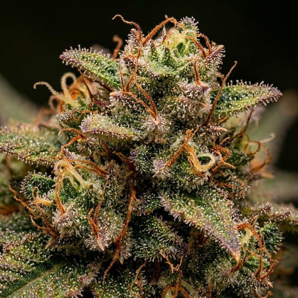 semillas Tangerine Sorbet: flor madura de Tangerine Sorbet con tricomas, en primer plano