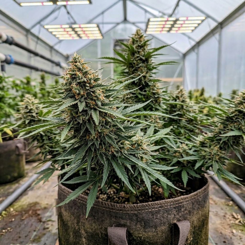 semillas Tangerine Sorbet: planta de Tangerine Sorbet en floración en un cultivo de interior