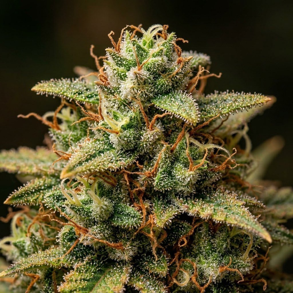 semillas Tangie XXL AUTO: flor madura de Tangie XXL AUTO con tricomas, en primer plano