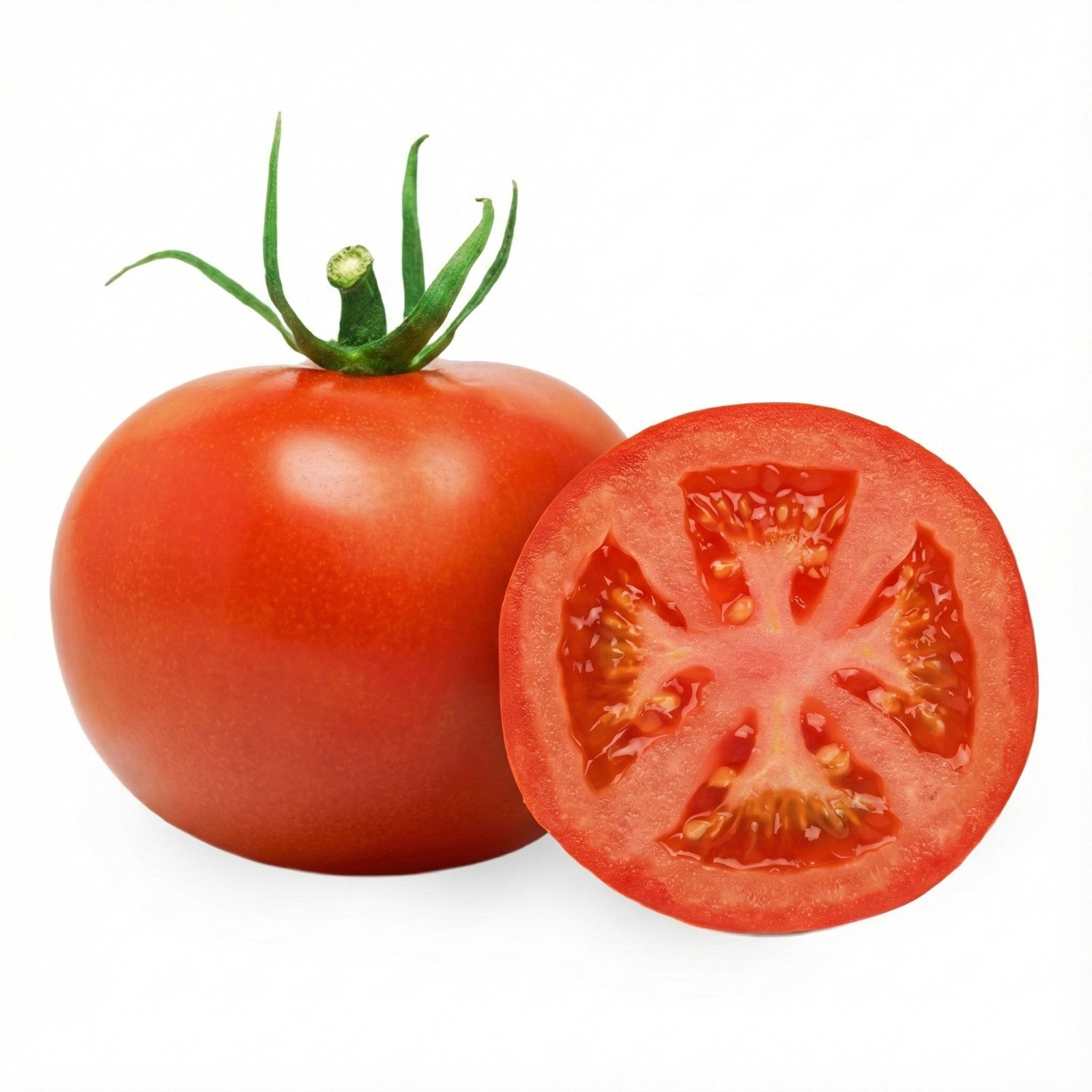 Semillas de Tomate Marglobe Fercon: tomate rojo entero y una mitad sobre fondo blanco
