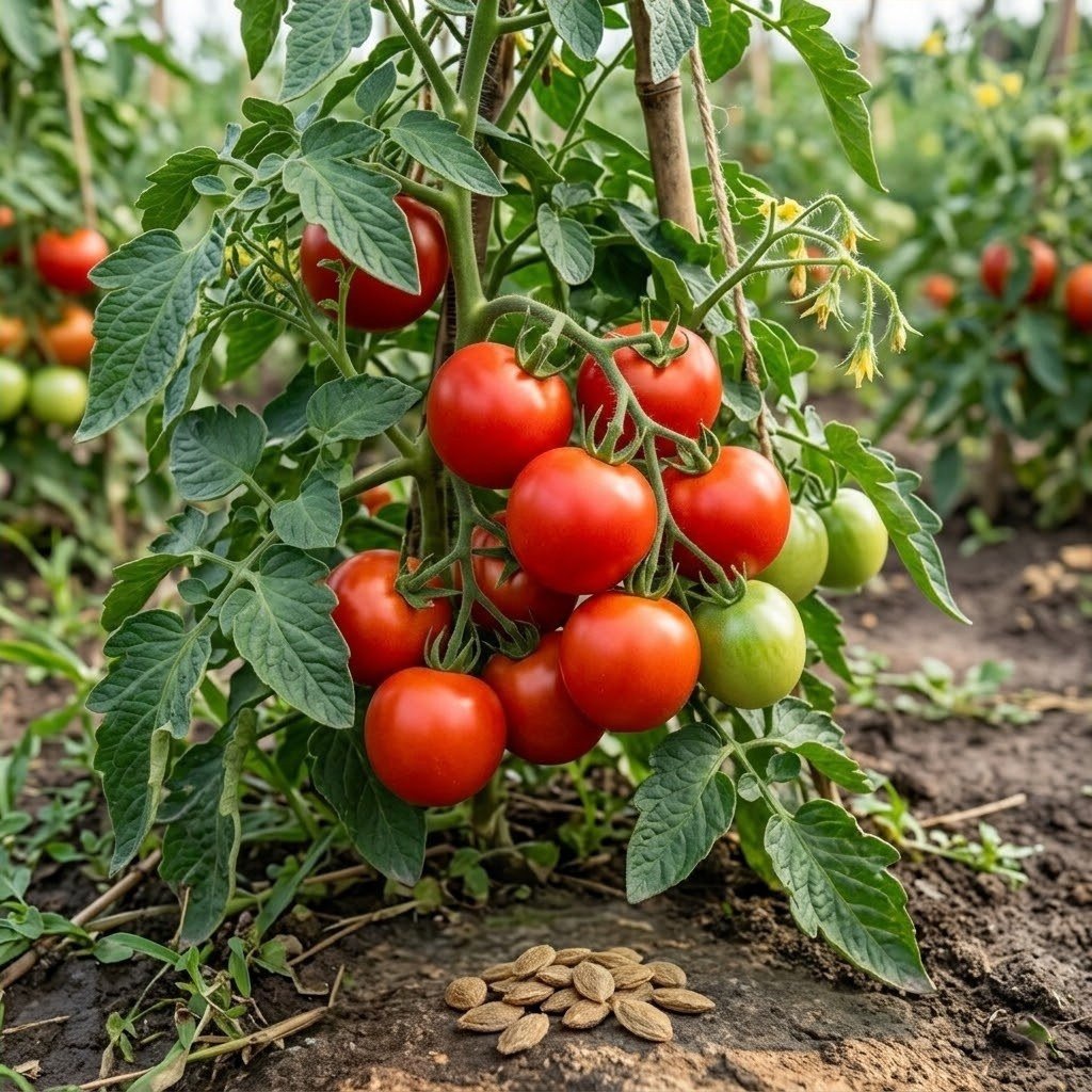 Semillas de Tomate Marglobe Fercon: racimo de tomates rojos redondos en la mata con semillas al pie