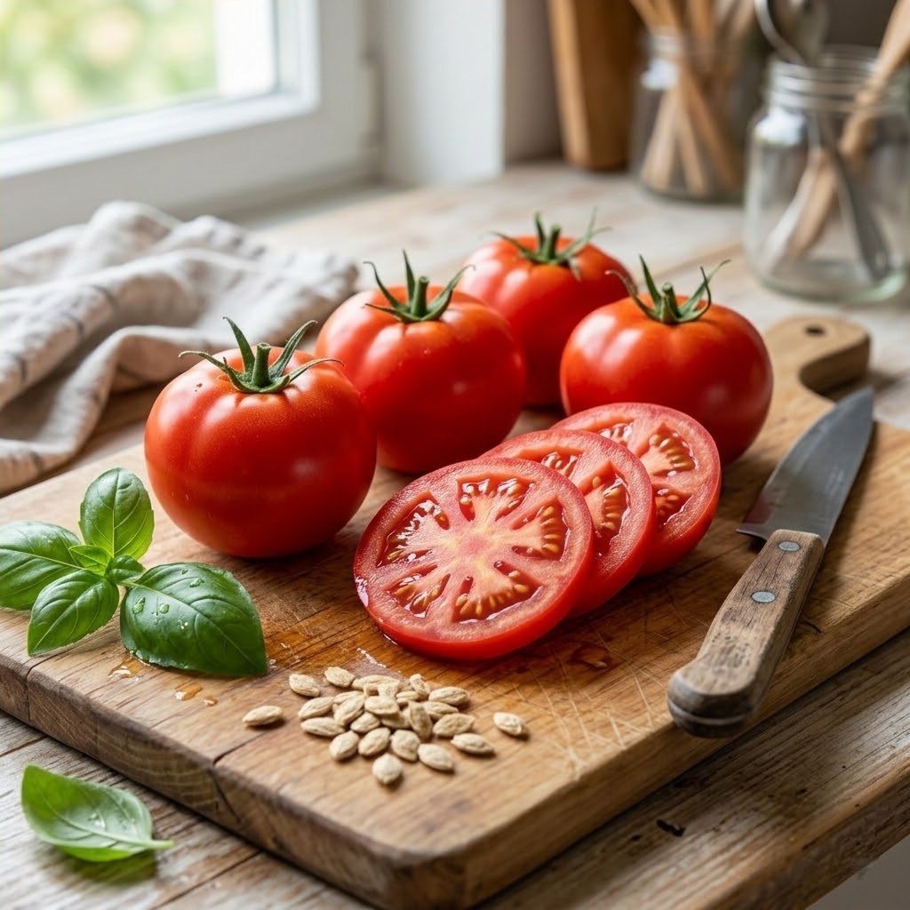 Semillas de Tomate Marglobe Fercon: tomates rojos enteros y en rodajas con albahaca sobre una tabla