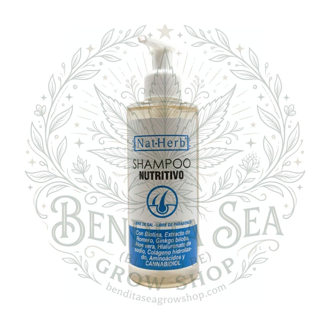 Shampoo de cannabis Natherb con marca de agua de Bendita Sea Growshop