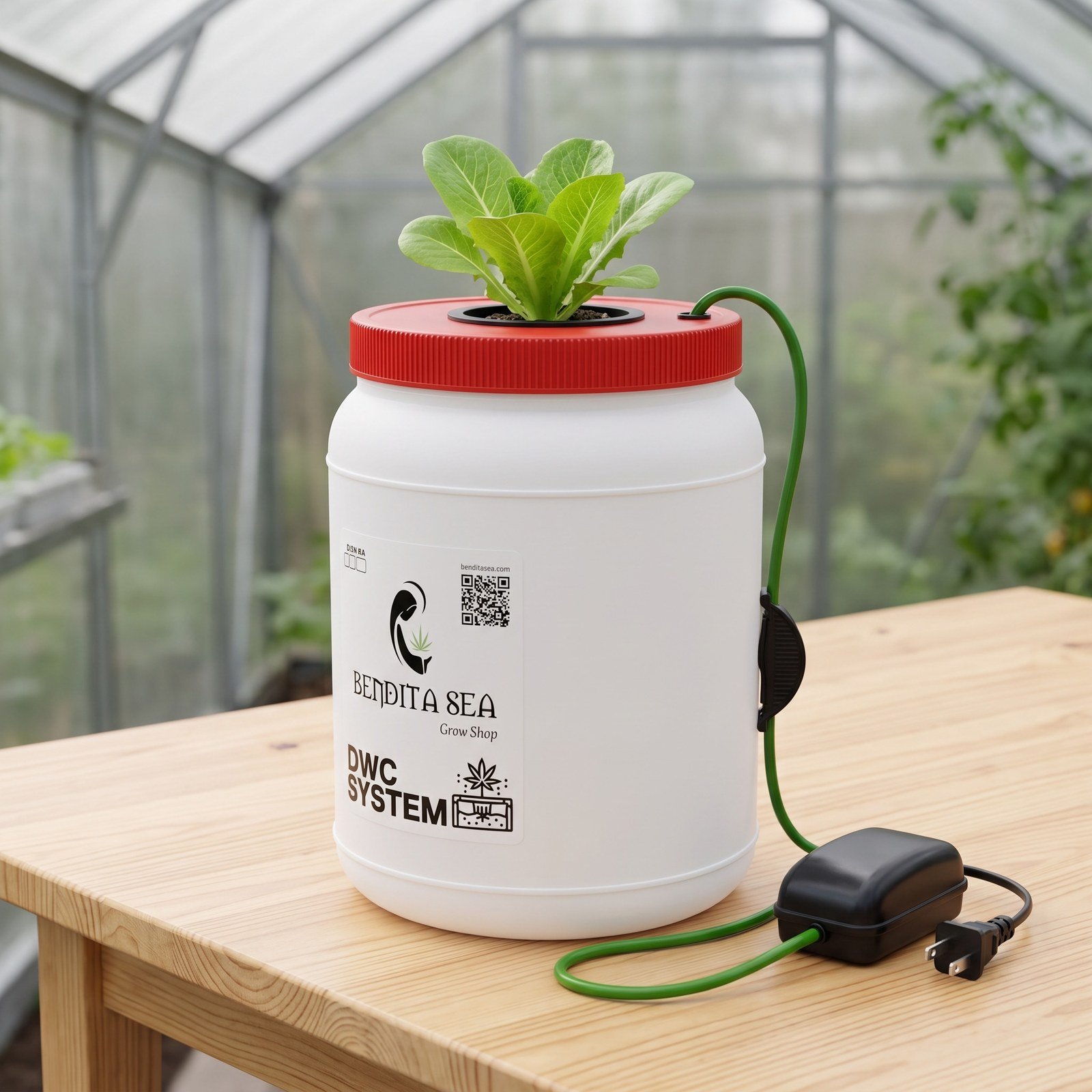 Sistema DWC de 3 litros con una lechuga creciendo en la canastilla