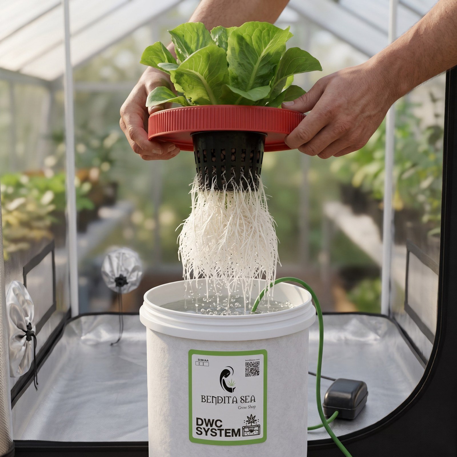 Raíces blancas de una lechuga al levantar la tapa del sistema DWC