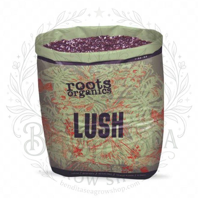 Bolsa de sustrato Lush de Roots Organics de 40 litros, vista de frente