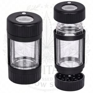 Tarro Glowjar Exhibidor Grinder Pipa Colores: dos tarros, uno abierto, sobre fondo blanco