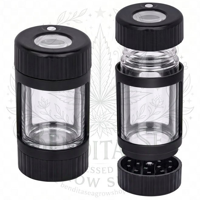 Tarro Glowjar Exhibidor Grinder Pipa Colores: dos tarros, uno abierto, sobre fondo blanco