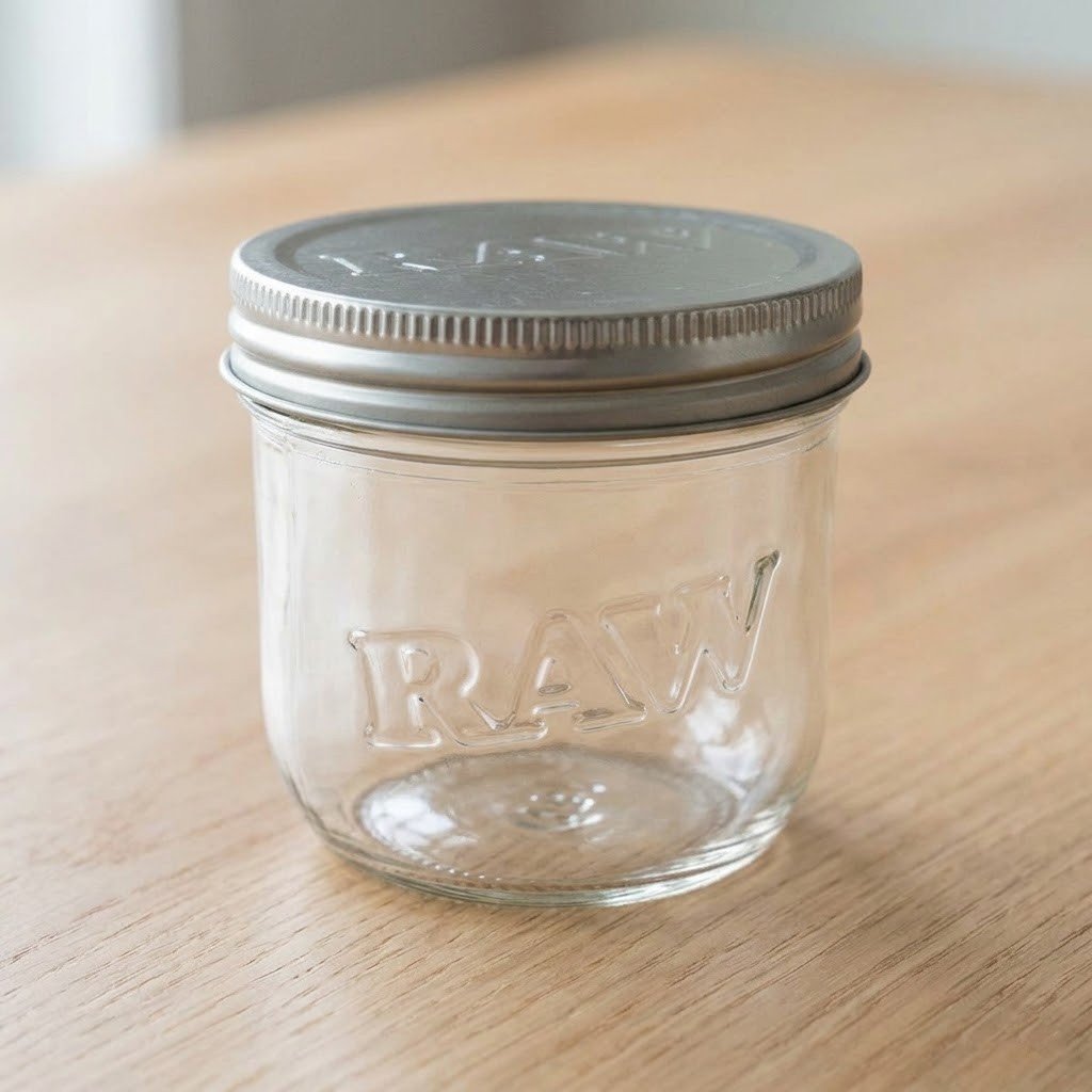 Tarro RAW Mason Jar 10 oz sobre una mesa de madera