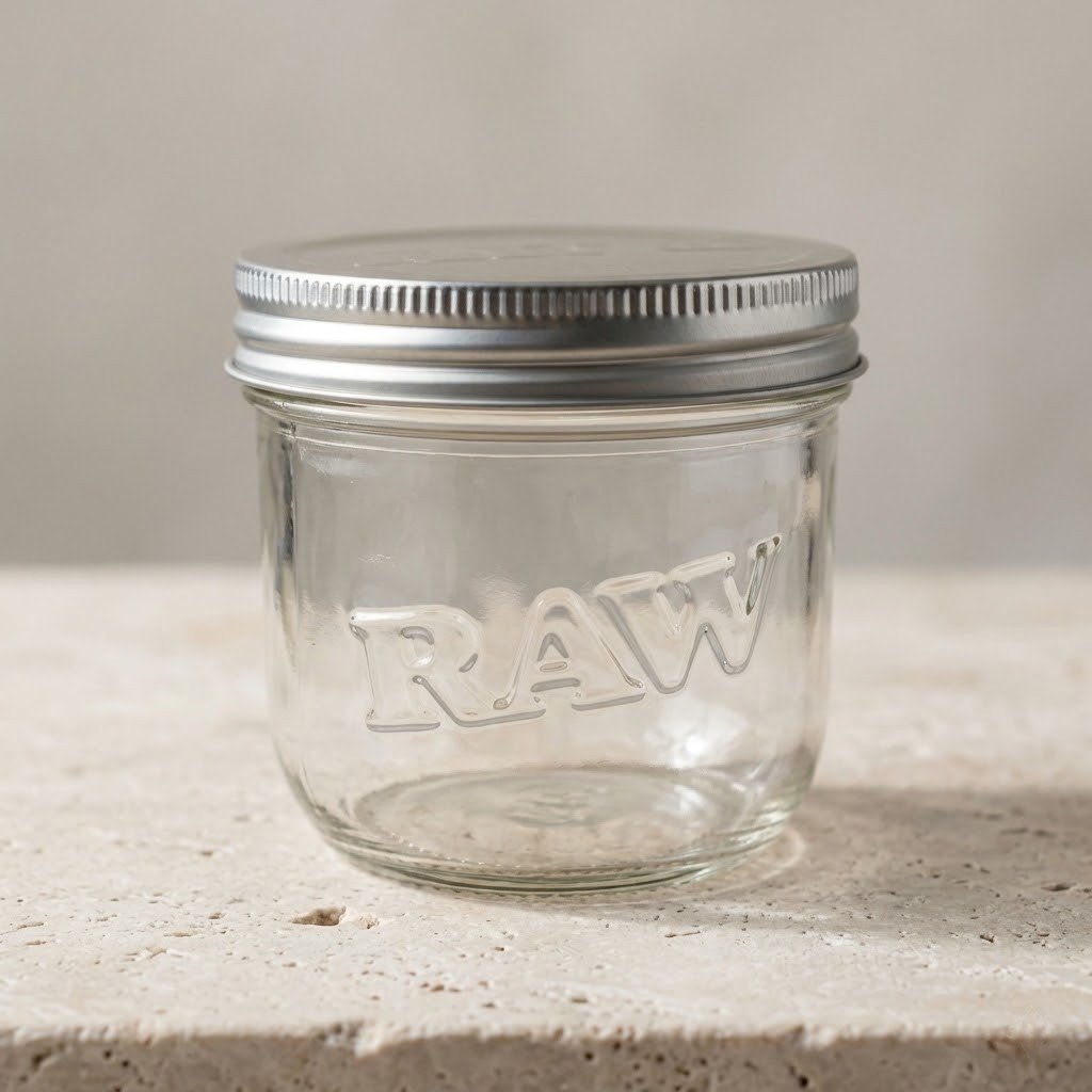 Tarro RAW Mason Jar 10 oz sobre piedra clara