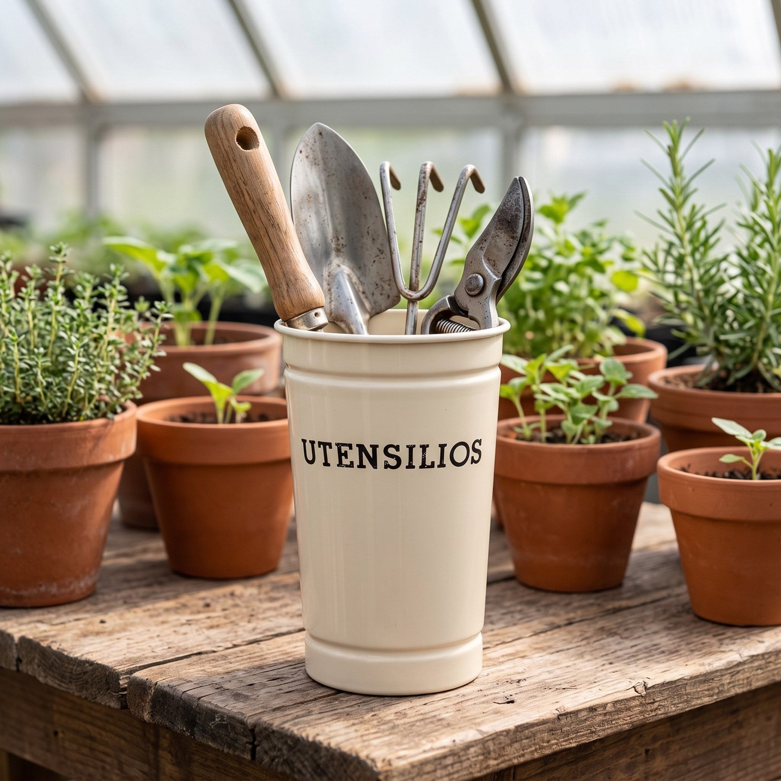 Tarro utensilios con lápices y tijeras junto a una planta