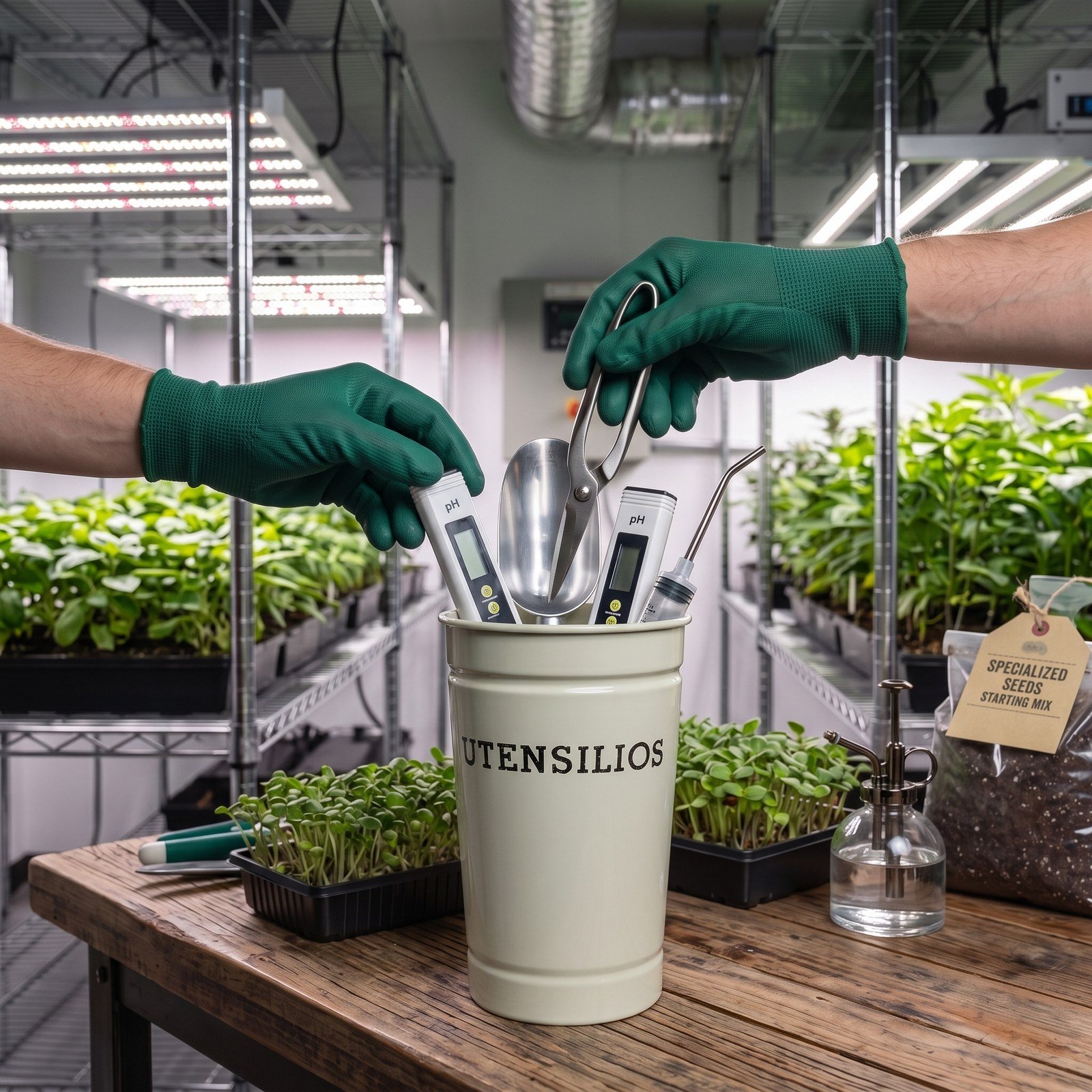 Tarro utensilios metálico sobre una mesa de trabajo con plantas