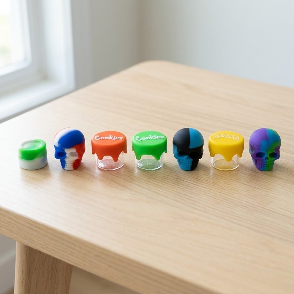 Tarros (2): tarros de silicona en colores y con forma de calavera sobre una mesa de madera