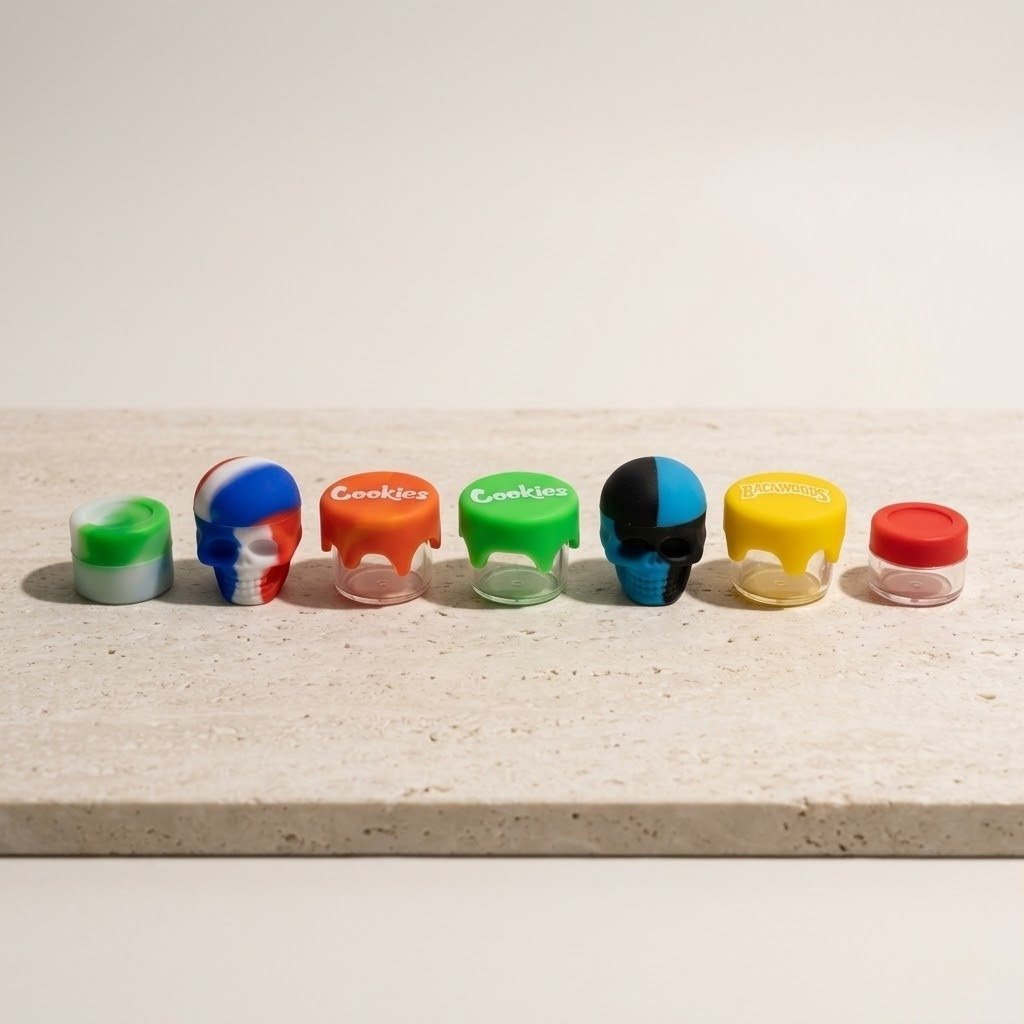 Tarros (2): tarros de silicona en colores y con forma de calavera sobre piedra clara