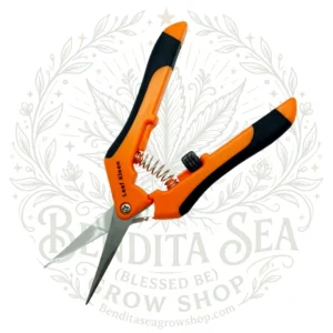 Tijera de podar punta curva Leef Kleen naranja abierta, con muelle de espiral y traba