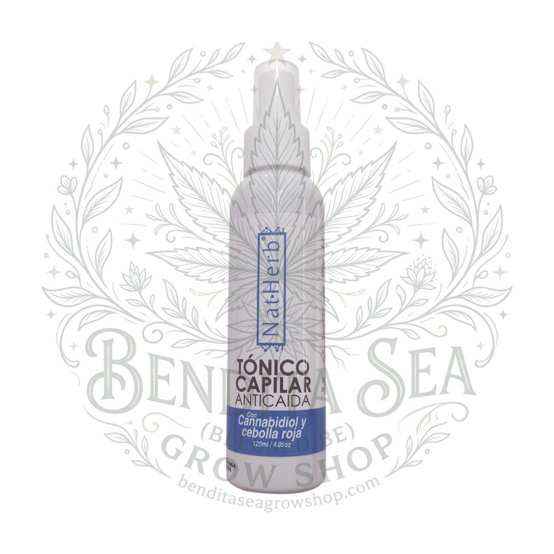 Tónico capilar anticaída con cannabis Natherb con marca de agua de Bendita Sea Growshop