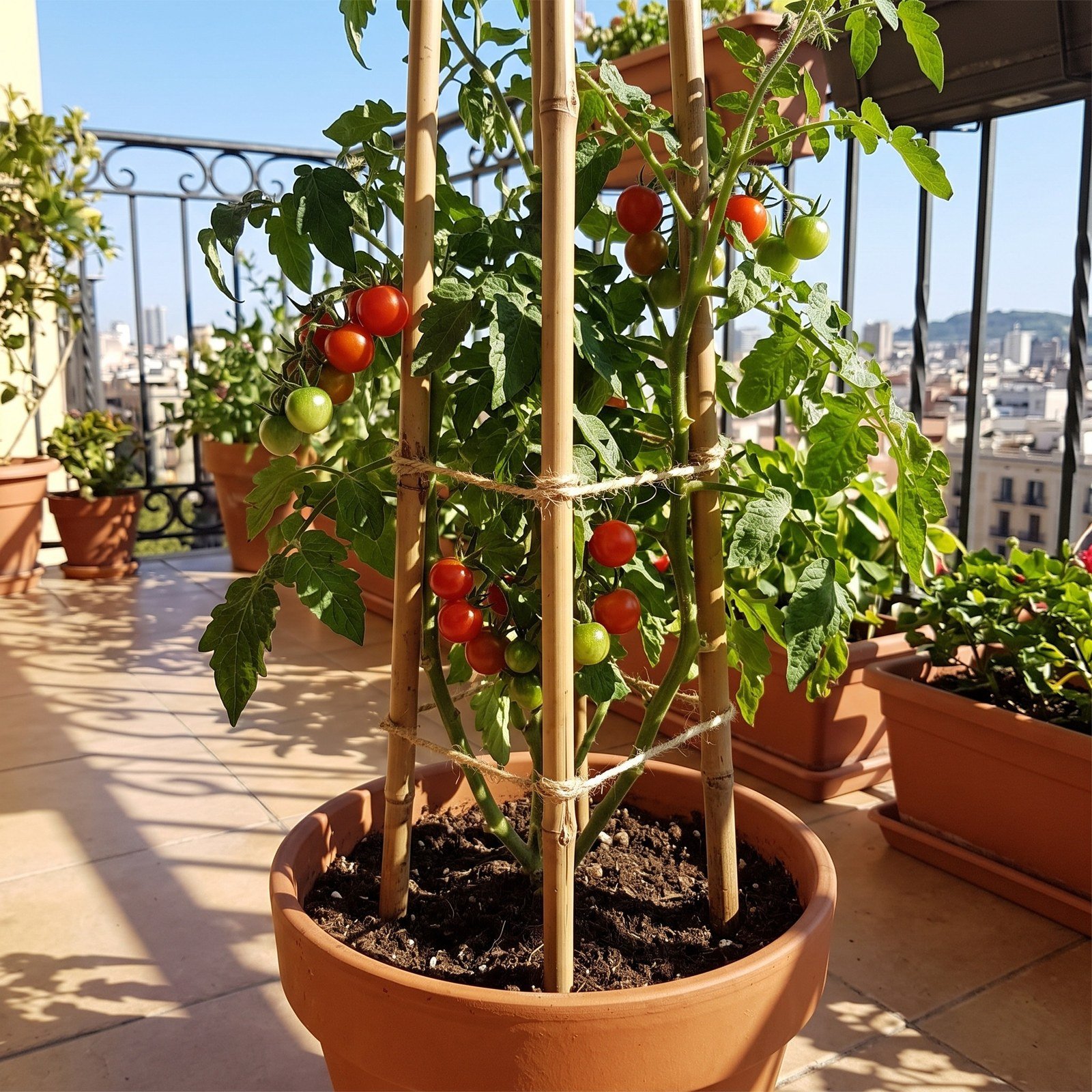 Tutor de bambú sosteniendo una planta de tomate en maceta
